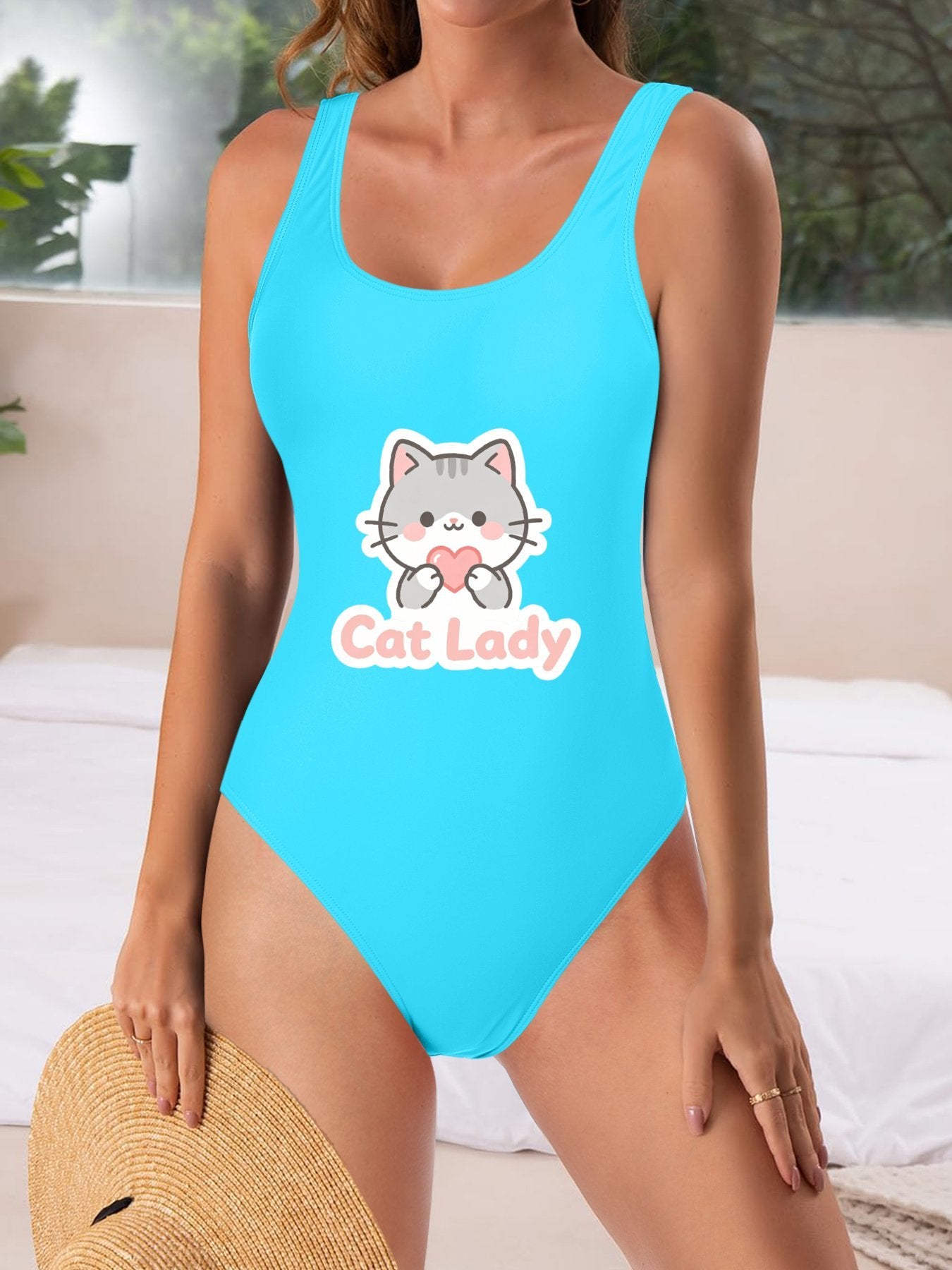 Unique "Cat Lady" Graphic One Piece Swimsuit, Trendy Outfit for Beach Pool & Vacation