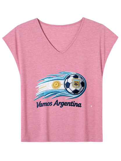 V-neck Sleeveless T-Shirt, Women's World Cup 2026  "Vamos Argentina" Graphic T-Shirt, USA Casual Cotton Tee