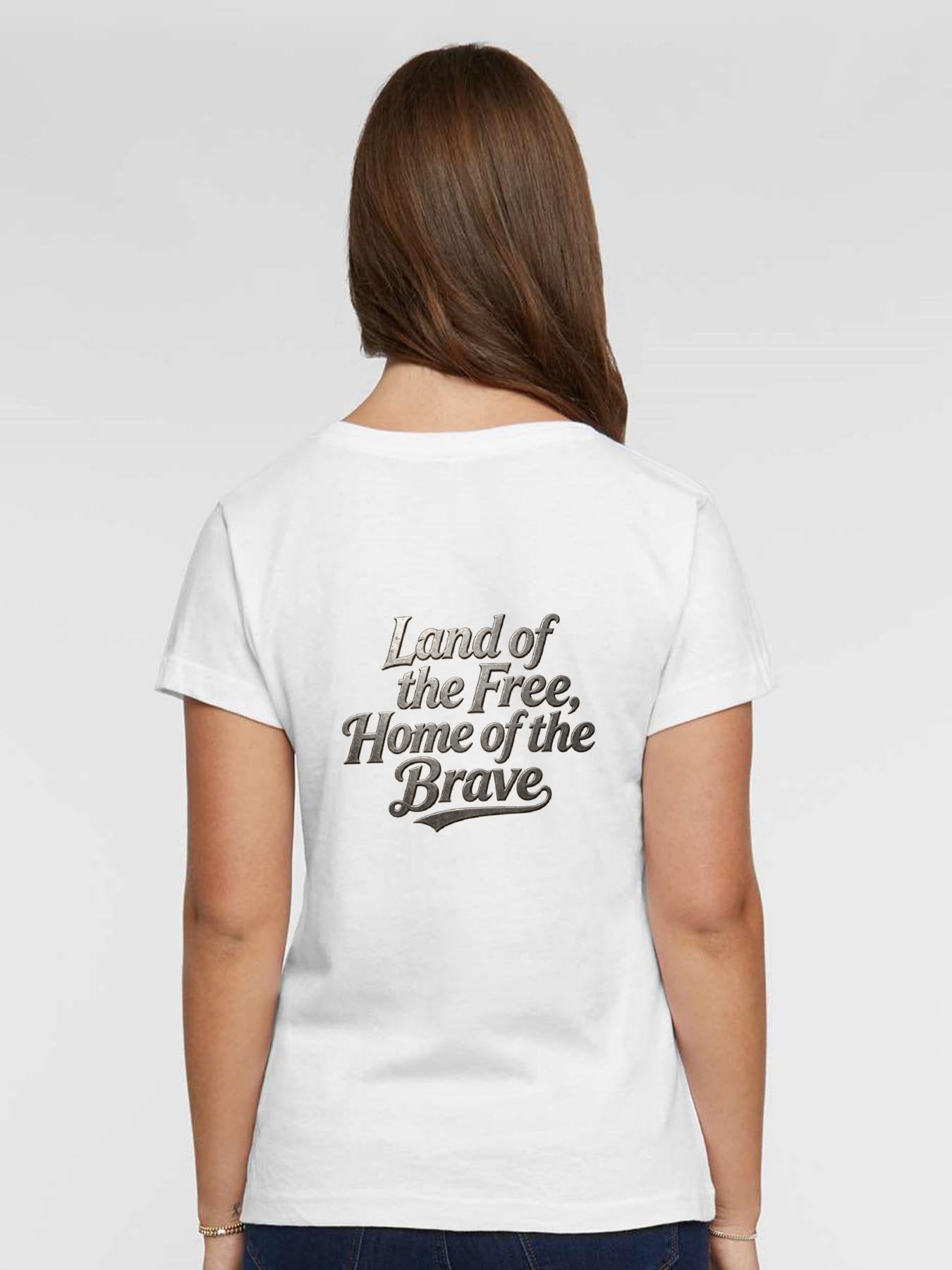 Pure Cotton V-neck Women's USA 250th. "Land of Free. Home of Brave" Graphic T-Shirt, USA Casual Cotton Tee