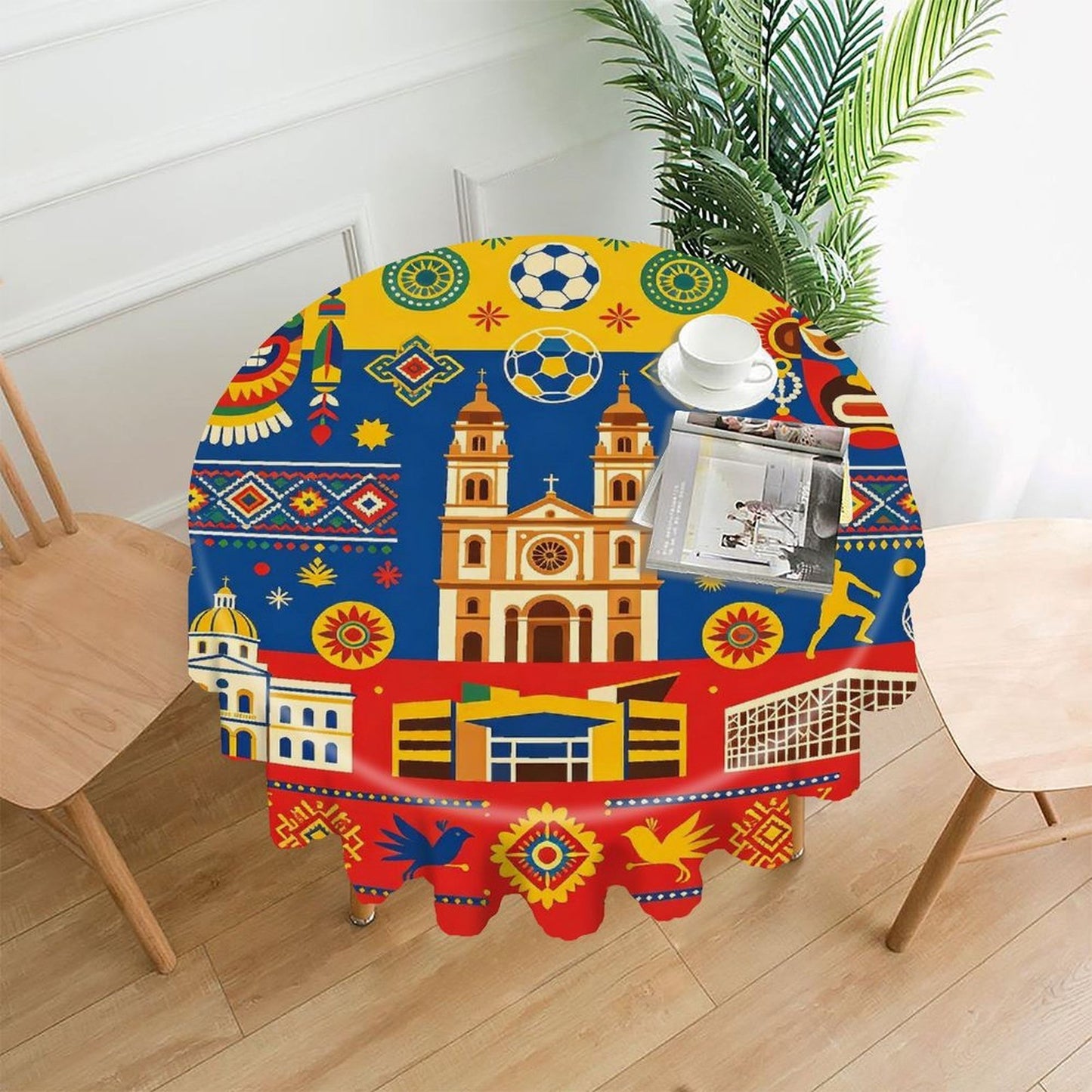 60"×60" Scalloped Edge Table Cover, World Cup 2026 "Colombia" Graphic Washable Decor Cover for Party & Daily Dining