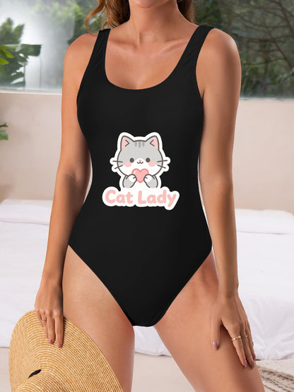 Unique "Cat Lady" Graphic One Piece Swimsuit, Trendy Outfit for Beach Pool & Vacation