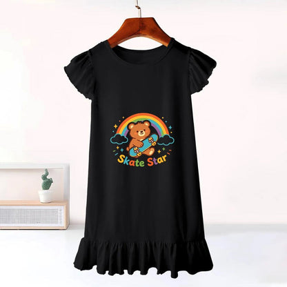 "Skate Star" Graphic Flutter Sleeve Dress, Soft Cotton Outfit for Girls Daily & Party