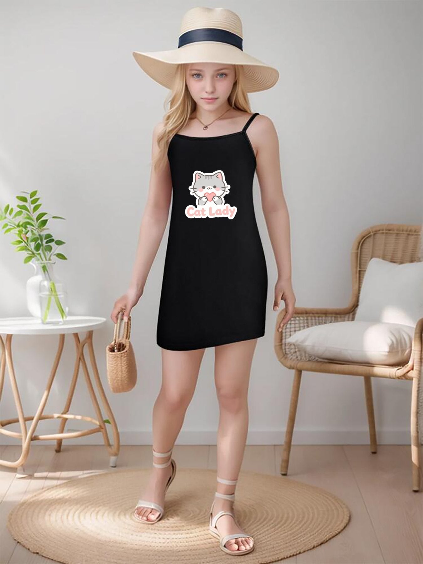 Cute Graphic Spaghetti Strap Dress, Soft Fabric Summer Outfit for Little Girls