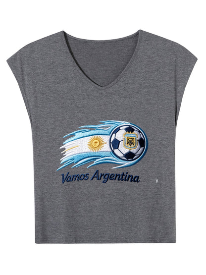 V-neck Sleeveless T-Shirt, Women's World Cup 2026  "Vamos Argentina" Graphic T-Shirt, USA Casual Cotton Tee
