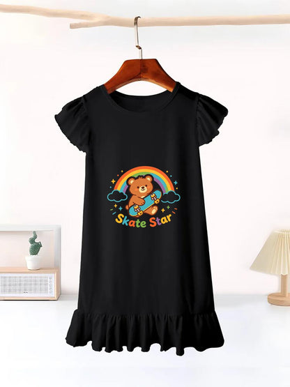 "Skate Star" Graphic Flutter Sleeve Dress, Soft Cotton Outfit for Girls Daily & Party