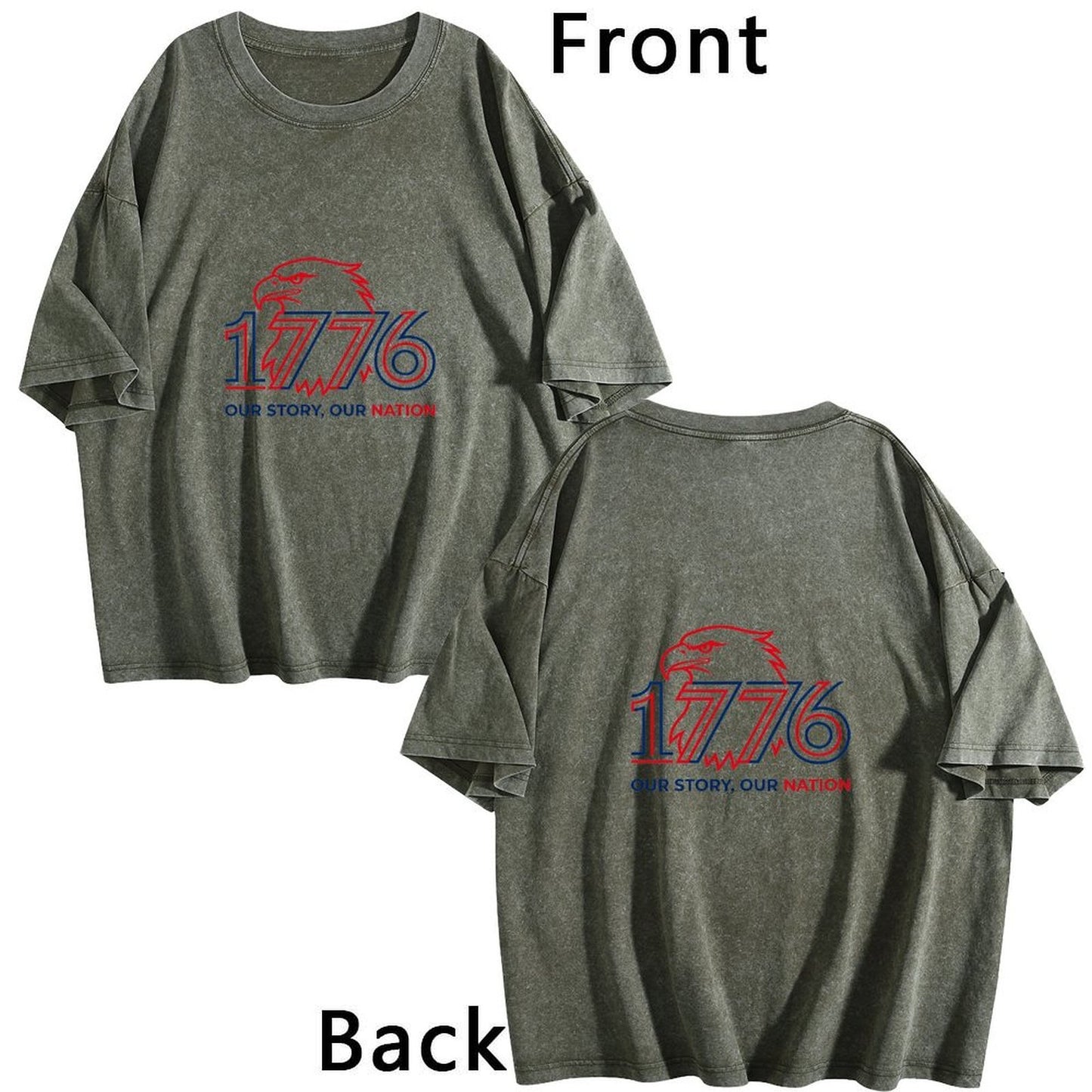 230g Pure Cotton Double-sided Print Adult's USA 250th "1776" Graphic Washed T-Shirt, Casual Cotton Tee for Daily Wear