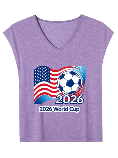 V-neck Sleeveless T-Shirt, Women's World Cup 2026 USA Soccer Graphic T-Shirt, USA Casual Cotton Tee