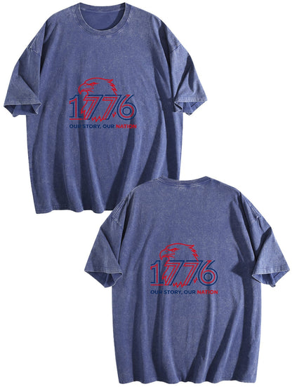 230g Pure Cotton Double-sided Print Adult's USA 250th "1776" Graphic Washed T-Shirt, Casual Cotton Tee for Daily Wear