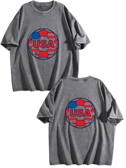 230g Pure Cotton Double-sided Print Adult's World Cup USA Graphic Washed T-Shirt, Casual Cotton Tee for Daily Wear