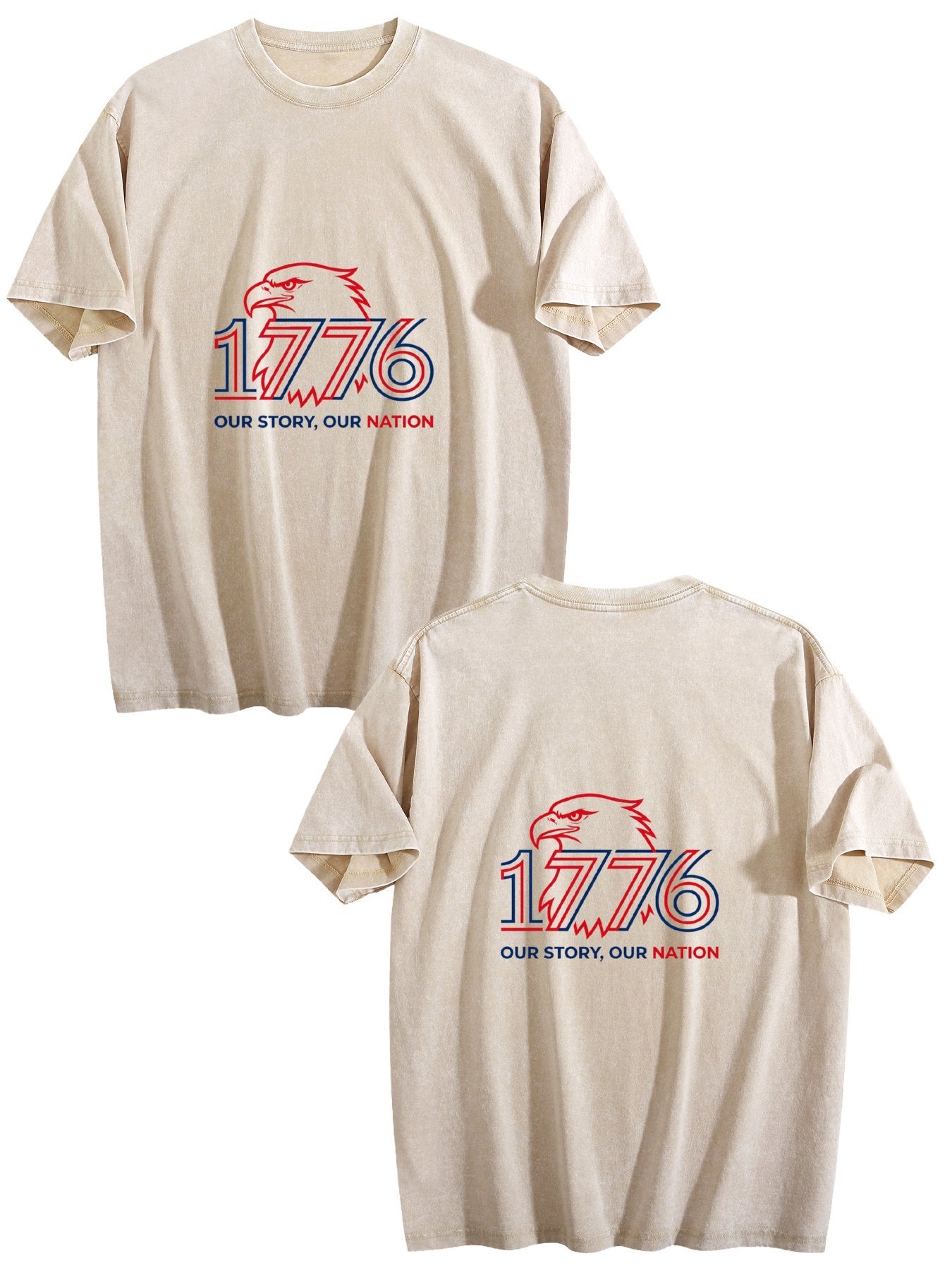 230g Pure Cotton Double-sided Print Adult's USA 250th "1776" Graphic Washed T-Shirt, Casual Cotton Tee for Daily Wear