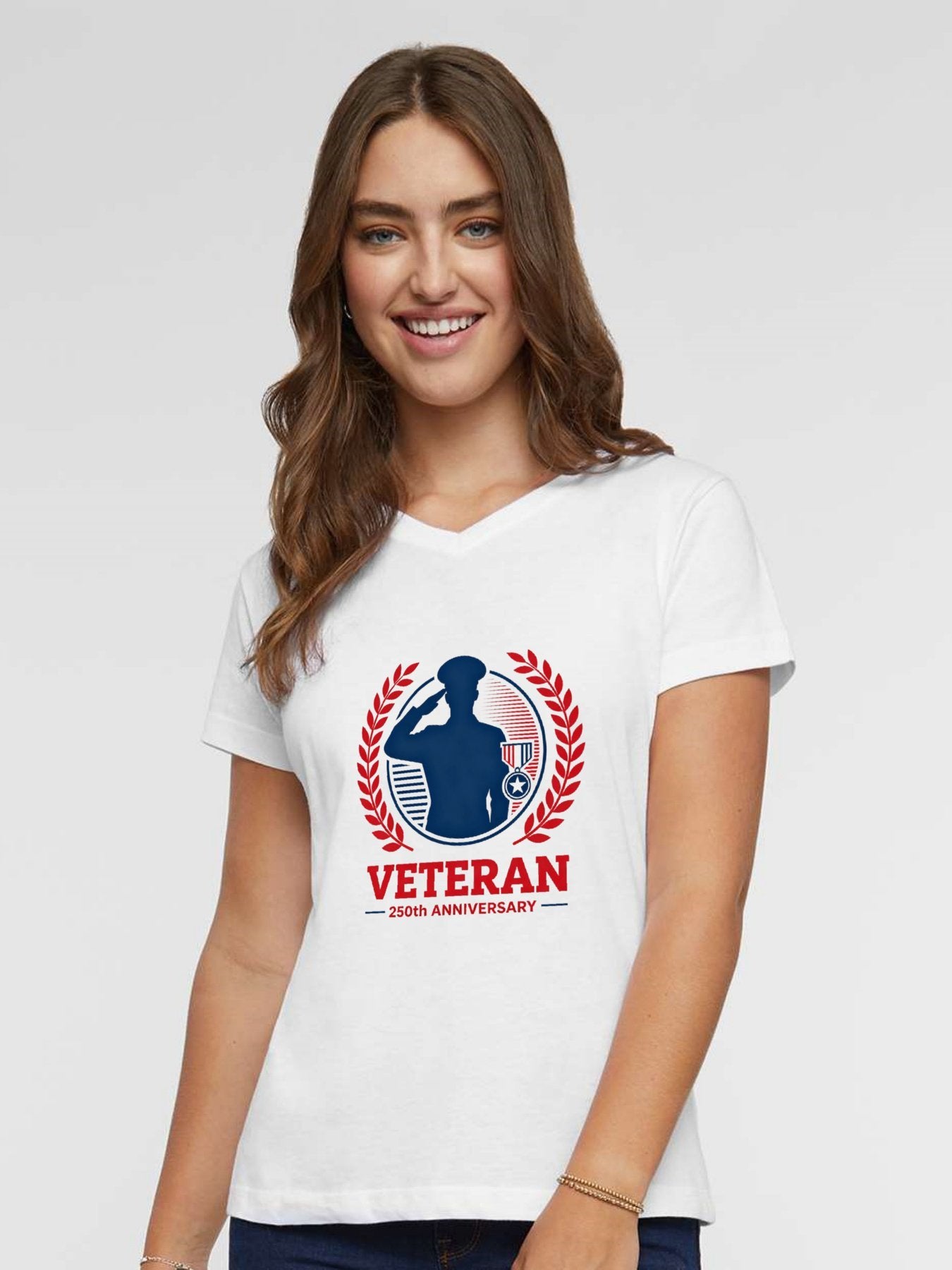 Pure Cotton V-neck Women's USA 250th. Patriotic "Veteran" Graphic T-Shirt, USA Casual Cotton Tee