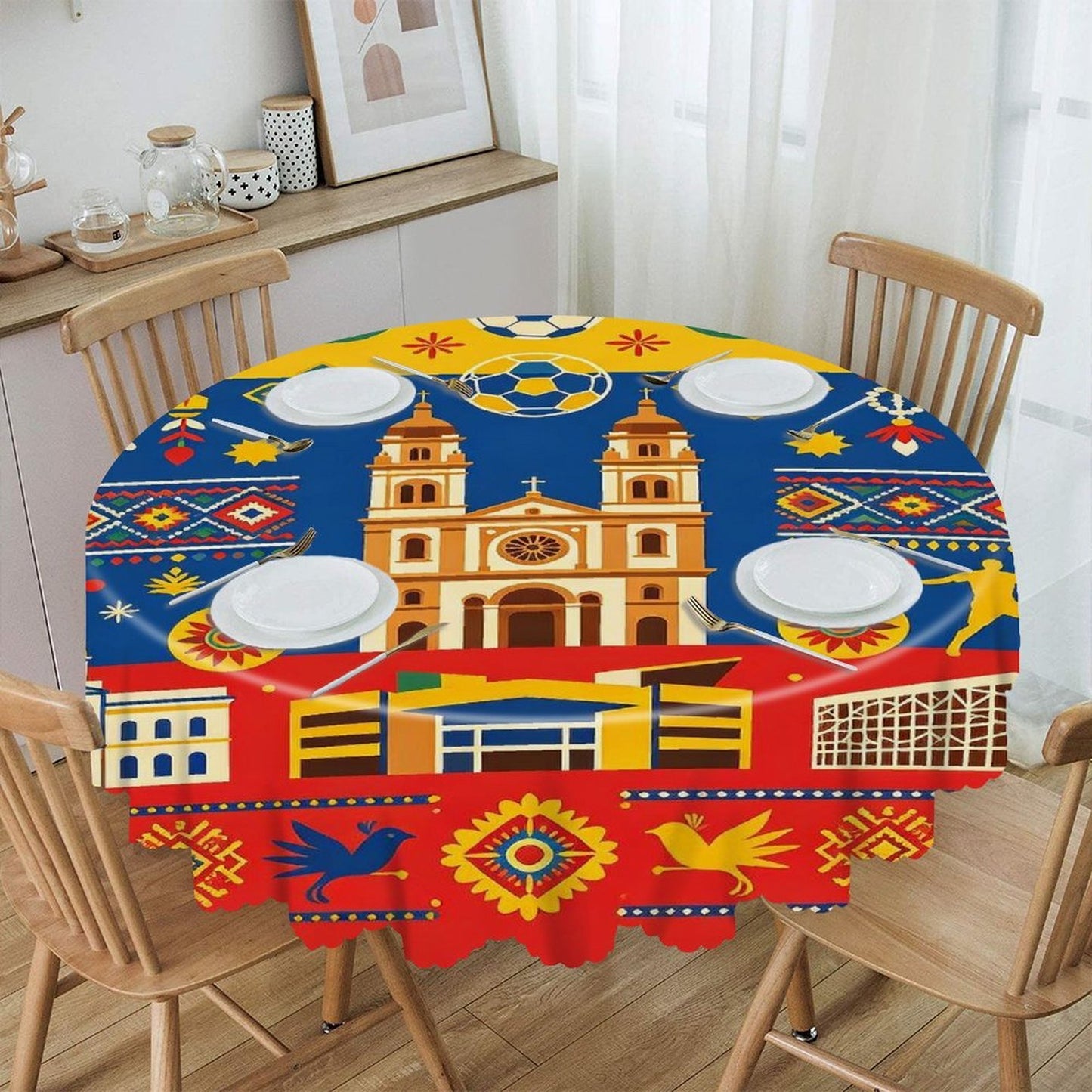 60"×60" Scalloped Edge Table Cover, World Cup 2026 "Colombia" Graphic Washable Decor Cover for Party & Daily Dining