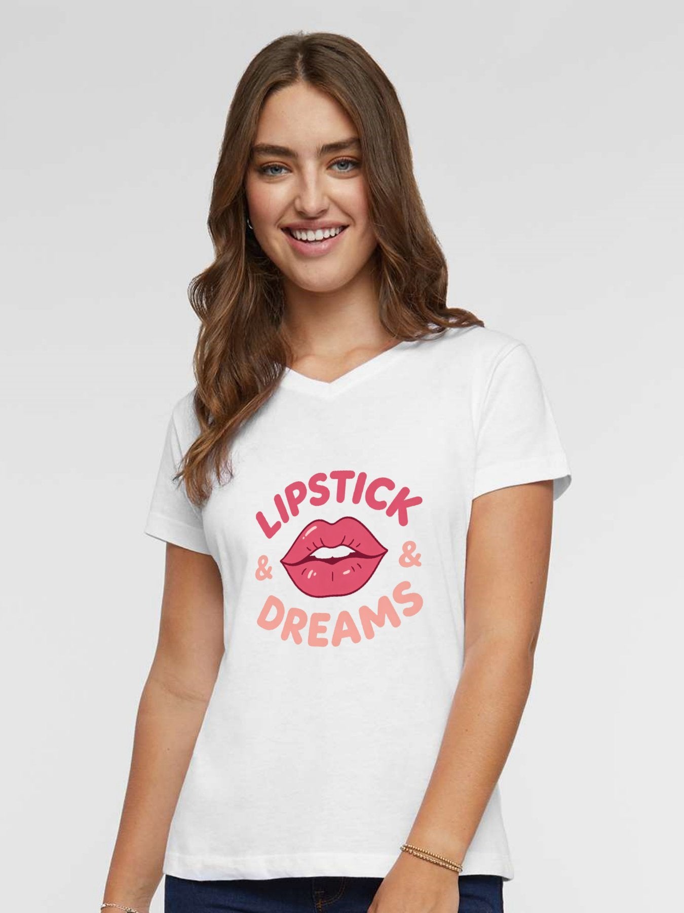 120g Pure Cotton V-neck Women's "LIPSTICK" Graphic T-Shirt,  Casual Cotton Tee for Daily Wear