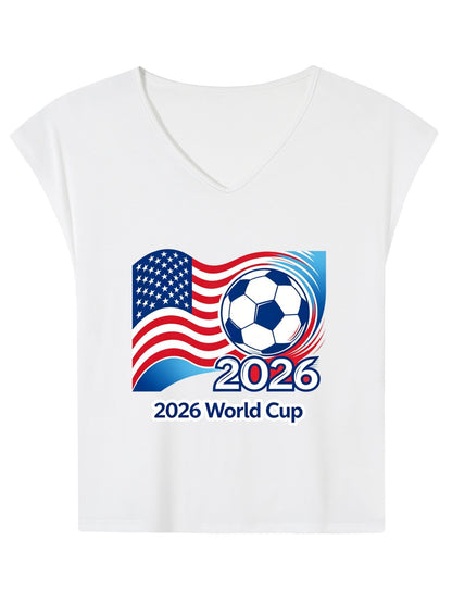 V-neck Sleeveless T-Shirt, Women's World Cup 2026 USA Soccer Graphic T-Shirt, USA Casual Cotton Tee