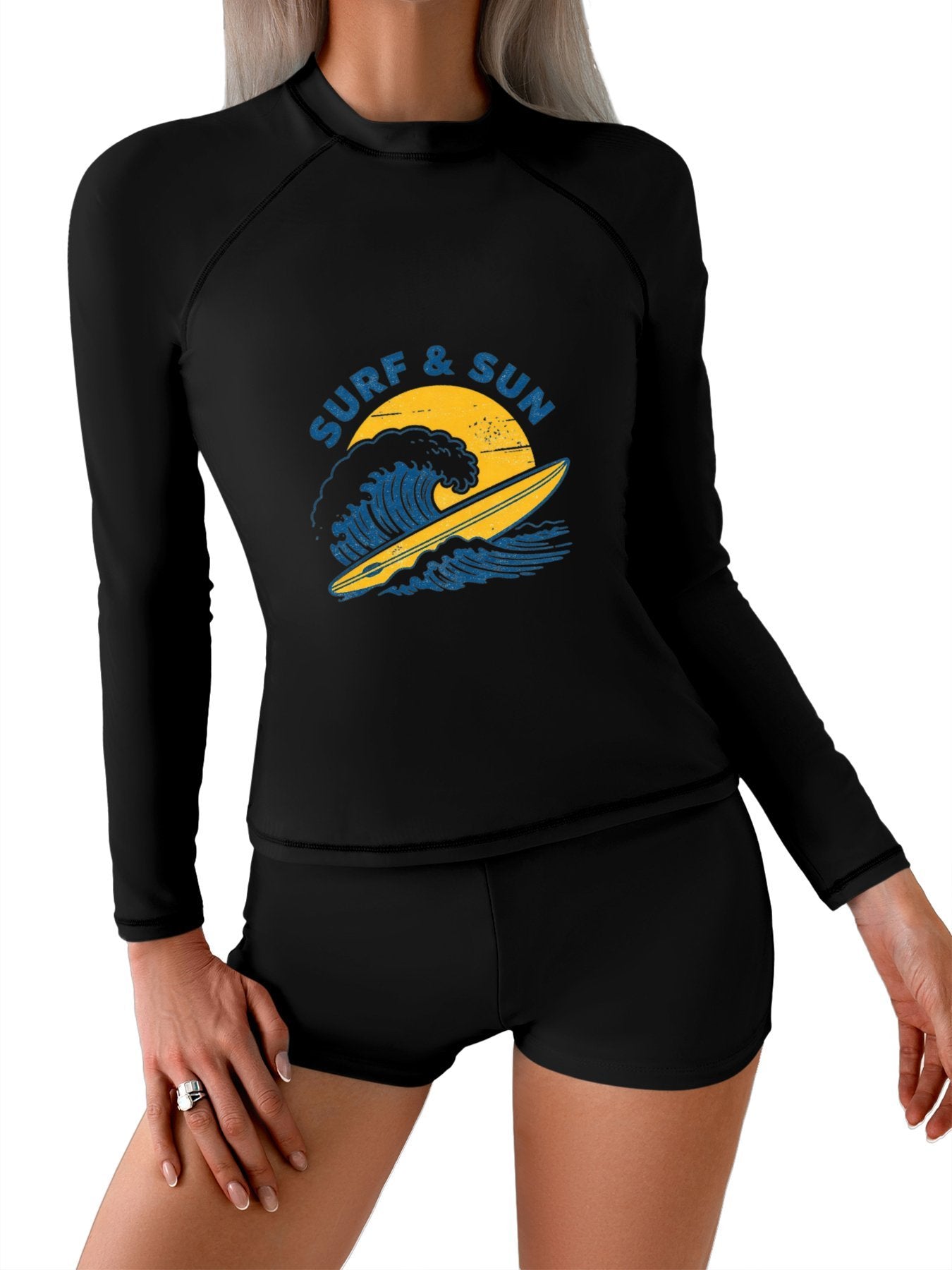Printed Surf Wear Set, "Surf & Sun". Graphic Customize Comfort Stretchy Bathing Suit for Ladies Outdoor Water Sports