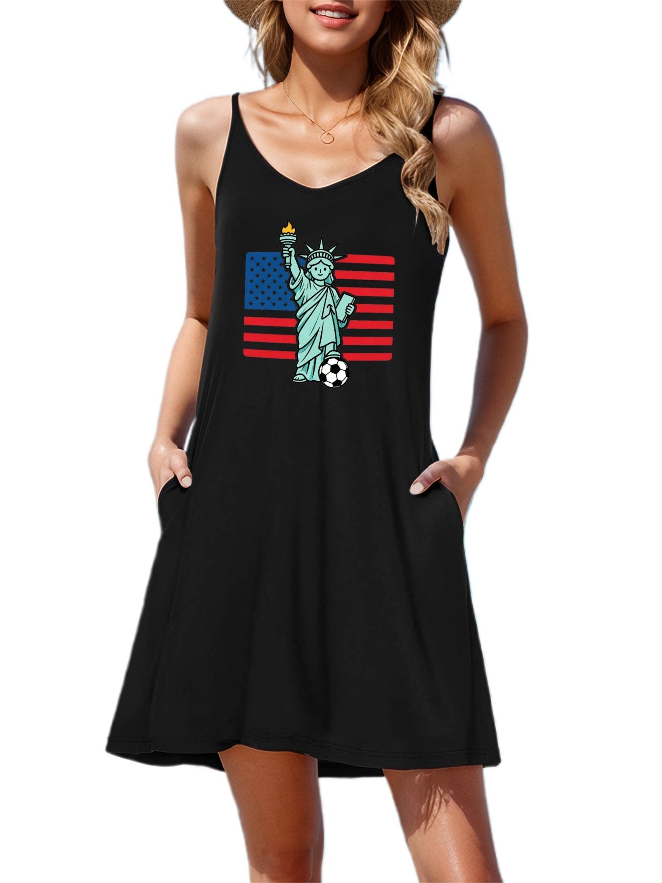 World Cup USA Graphic Women's Graphic Strap Dress, Casual Sleeveless Summer Dress