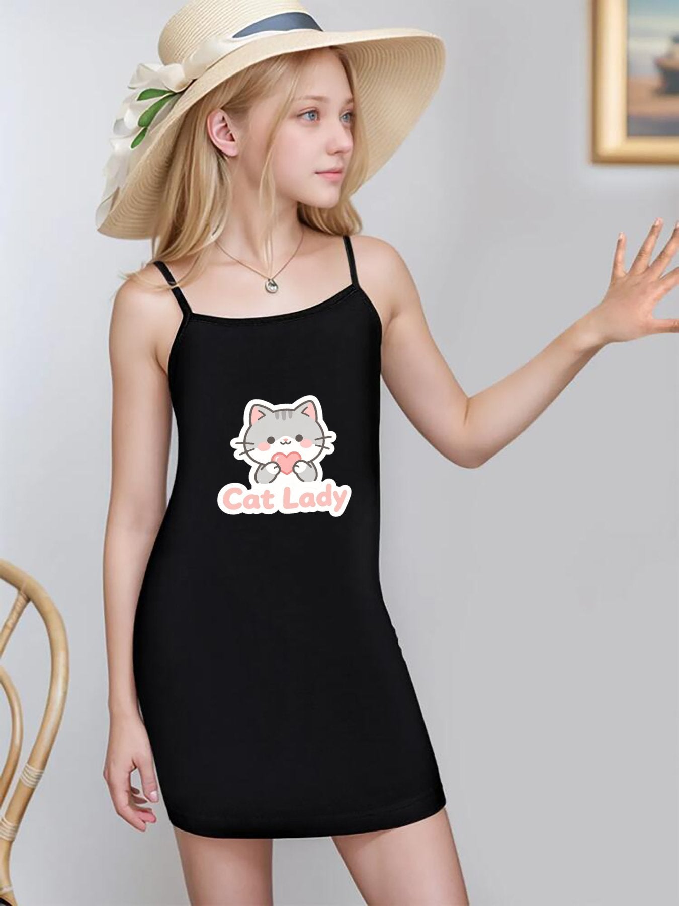 Cute Graphic Spaghetti Strap Dress, Soft Fabric Summer Outfit for Little Girls