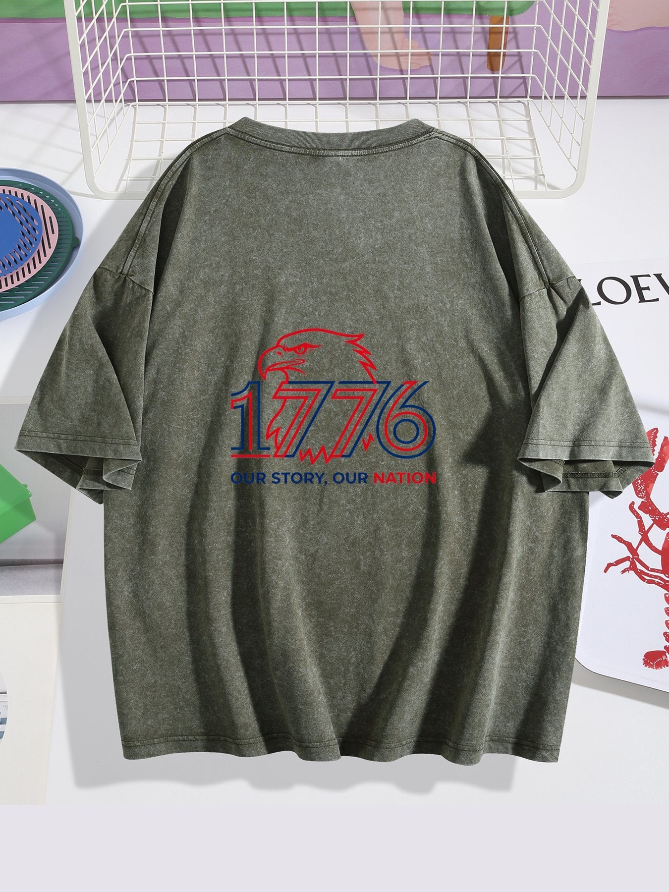 230g Pure Cotton Double-sided Print Adult's USA 250th "1776" Graphic Washed T-Shirt, Casual Cotton Tee for Daily Wear