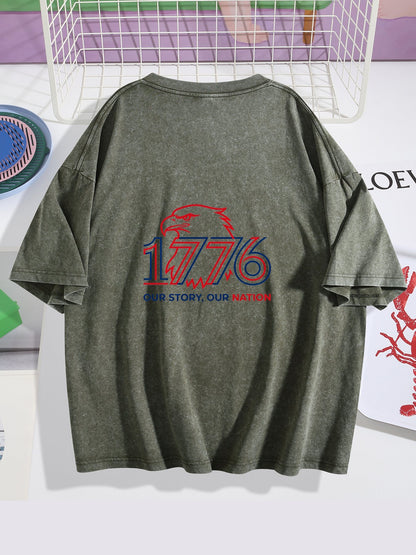 230g Pure Cotton Double-sided Print Adult's USA 250th "1776" Graphic Washed T-Shirt, Casual Cotton Tee for Daily Wear
