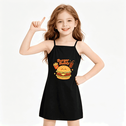 Cute Graphic Spaghetti Strap Dress, Soft Fabric Summer Outfit for Little Girls