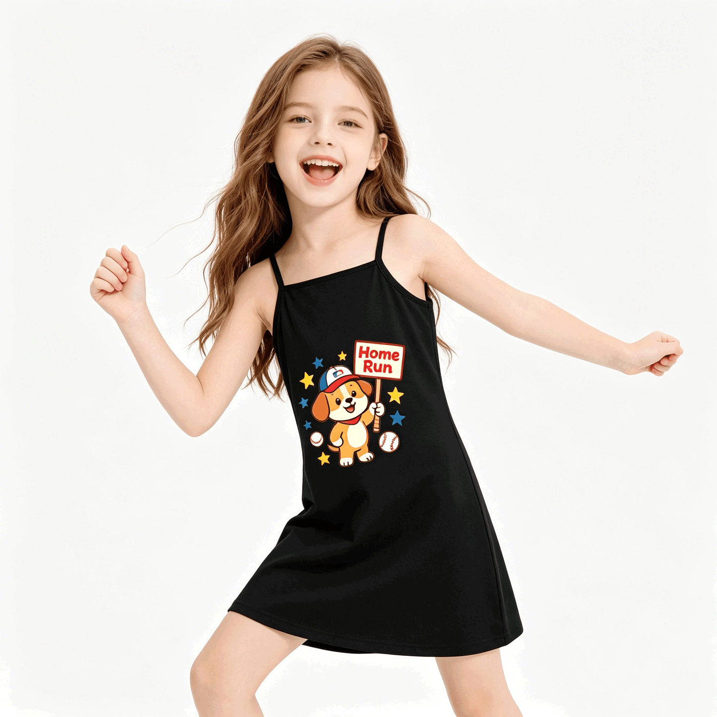 Cute Graphic Spaghetti Strap Dress, Soft Fabric Summer Outfit for Little Girls