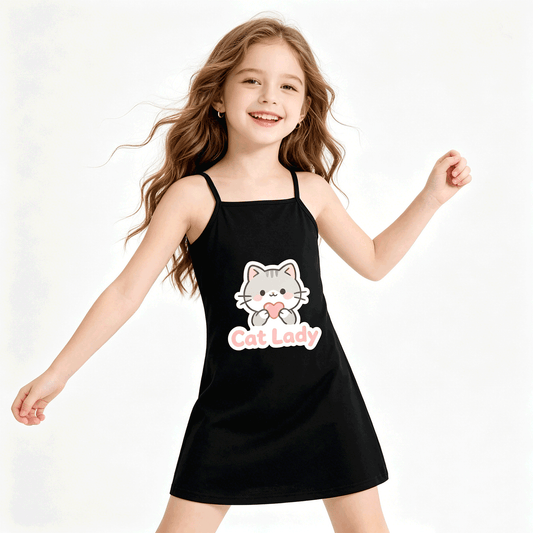 Cute Graphic Spaghetti Strap Dress, Soft Fabric Summer Outfit for Little Girls
