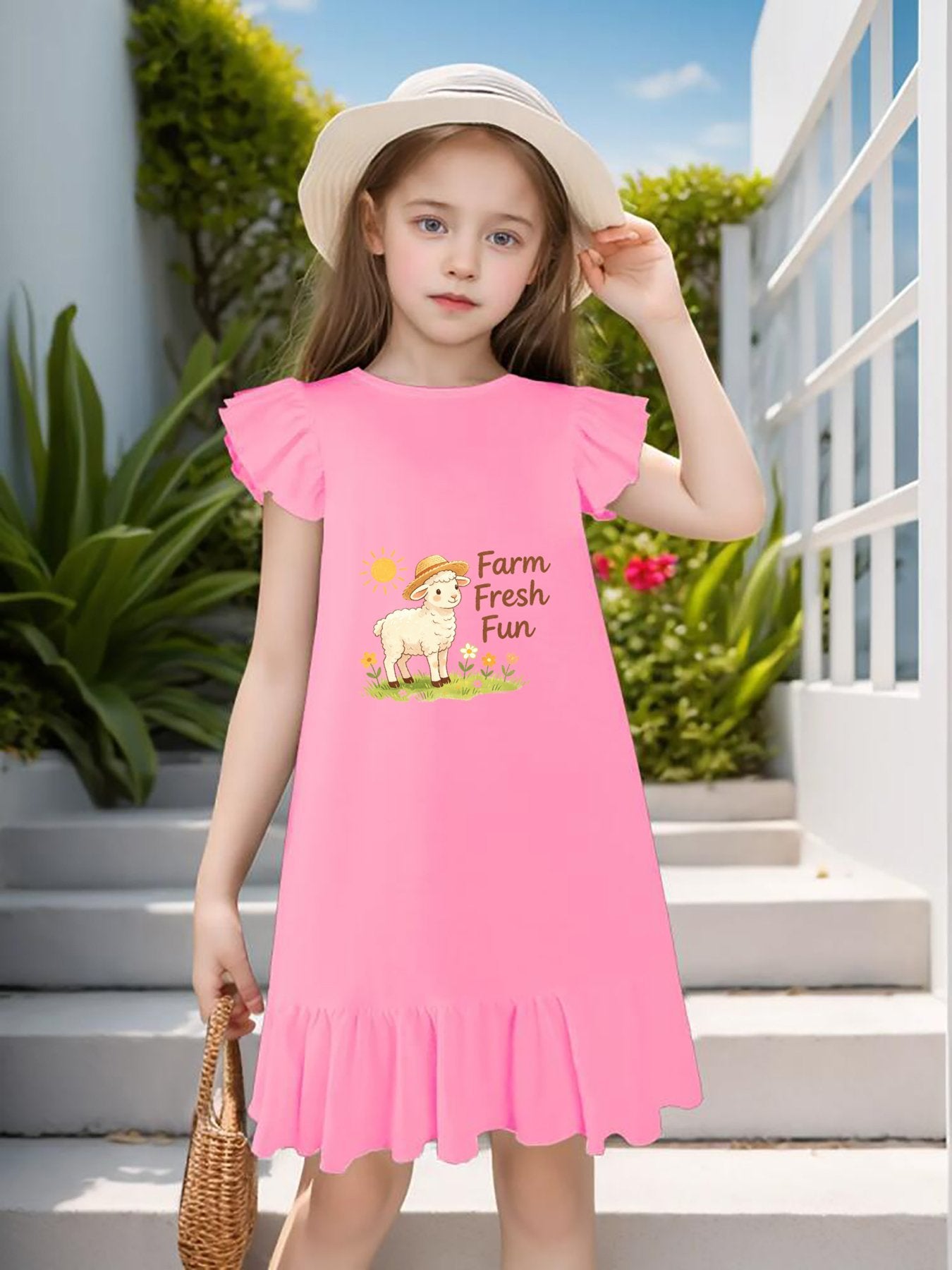 Cute "Farm Fresh Fun" Graphic Flutter Sleeve Dress, Soft Cotton Outfit for Girls Daily & Party