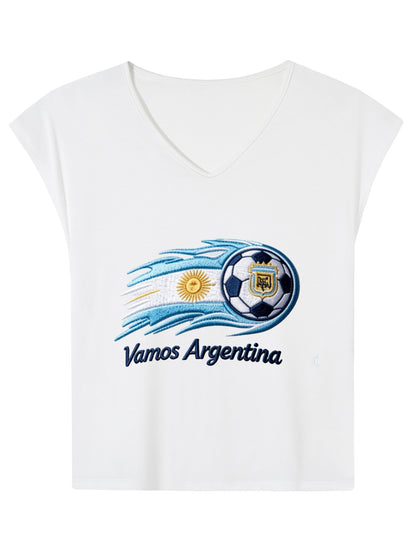 V-neck Sleeveless T-Shirt, Women's World Cup 2026  "Vamos Argentina" Graphic T-Shirt, USA Casual Cotton Tee