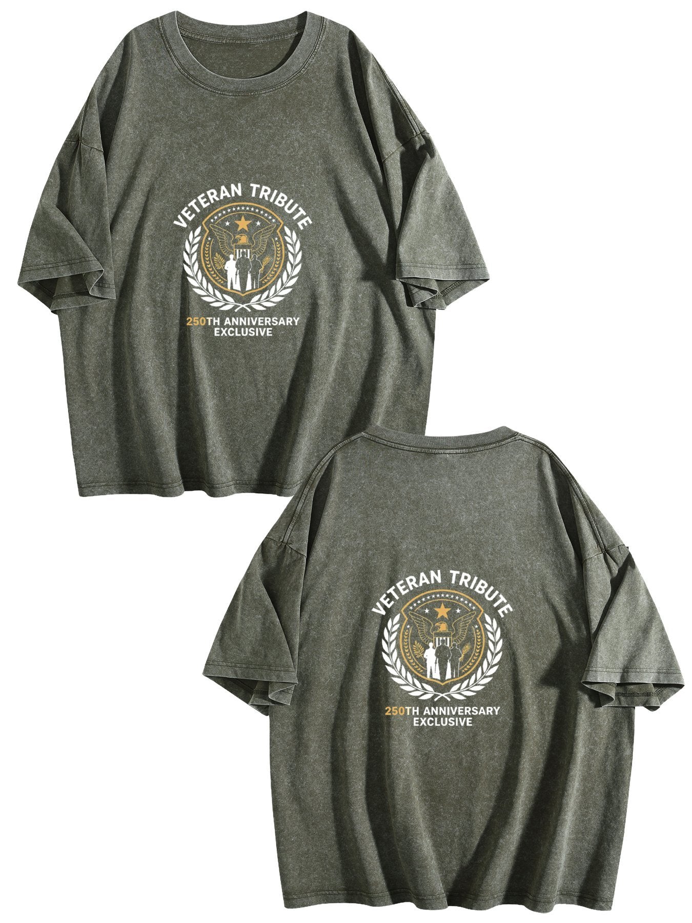 230g Pure Cotton Double-sided Print Adult's Patritic "Veteran Tribute" Graphic Washed T-Shirt, Casual Cotton Tee for Daily Wear