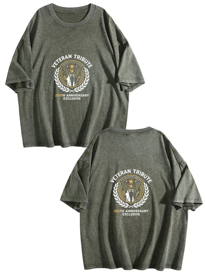 230g Pure Cotton Double-sided Print Adult's Patritic "Veteran Tribute" Graphic Washed T-Shirt, Casual Cotton Tee for Daily Wear