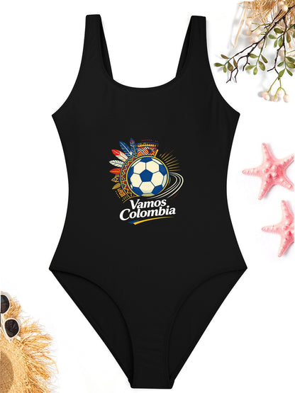 Unique Wold Cup 2026 "Vamos Colombia" Graphic One Piece Swimsuit, Trendy Outfit for Beach Pool & Vacation