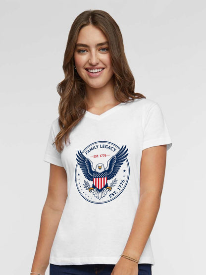120g Pure Cotton V-neck Women's USA 250th. Family Legacyt Graphic T-Shirt,  Casual Cotton Tee for Daily Wear