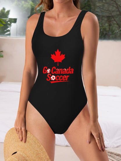 Unique World Cup 2026 Canada Soccer Graphic One Piece Swimsuit, Trendy Outfit for Beach Pool & Vacation