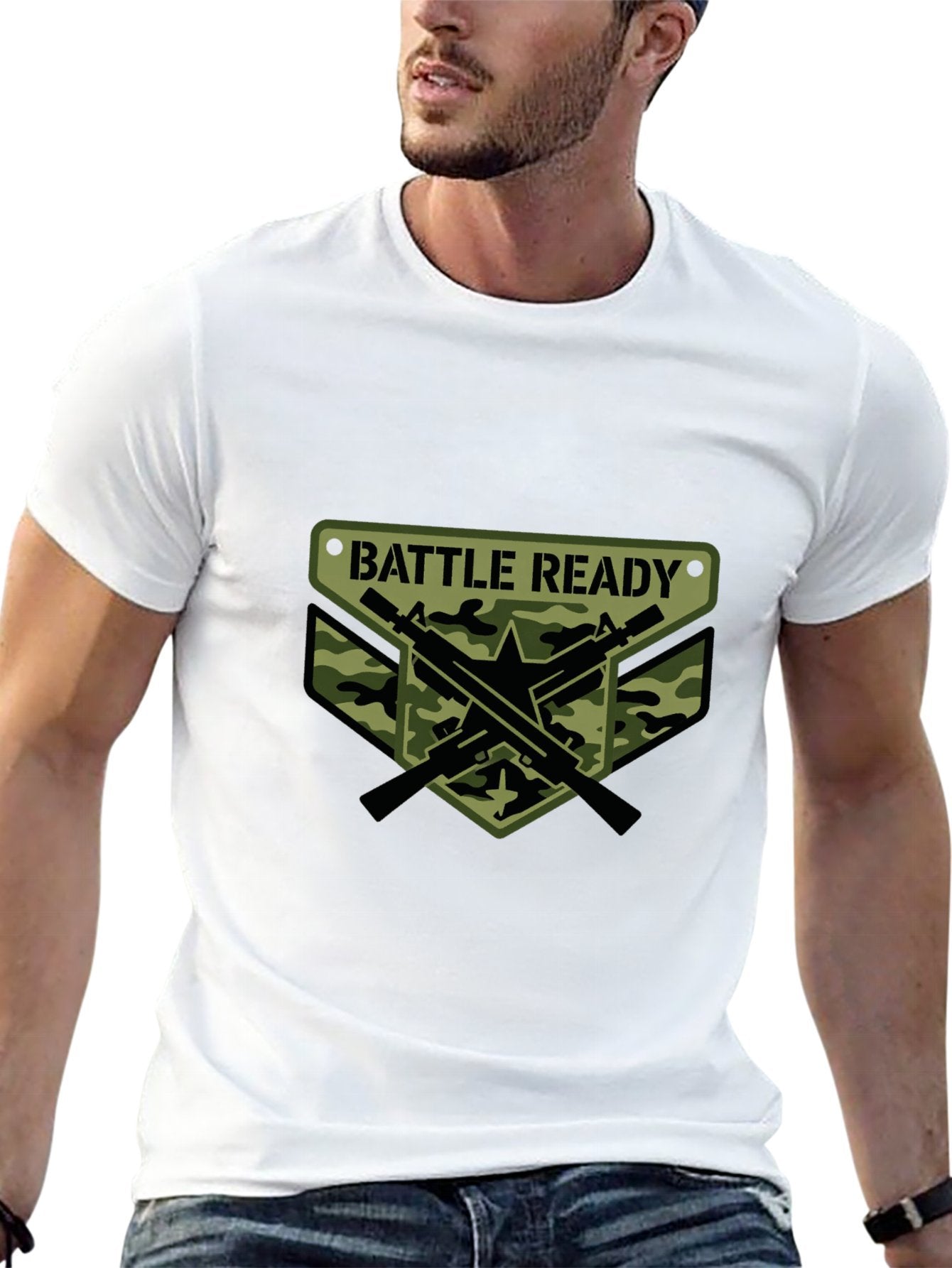180g Pure Cotton Men's and Women's  Patrotic  "Battle Ready" Graphic T-Shirt, USA Casual Cotton Tee
