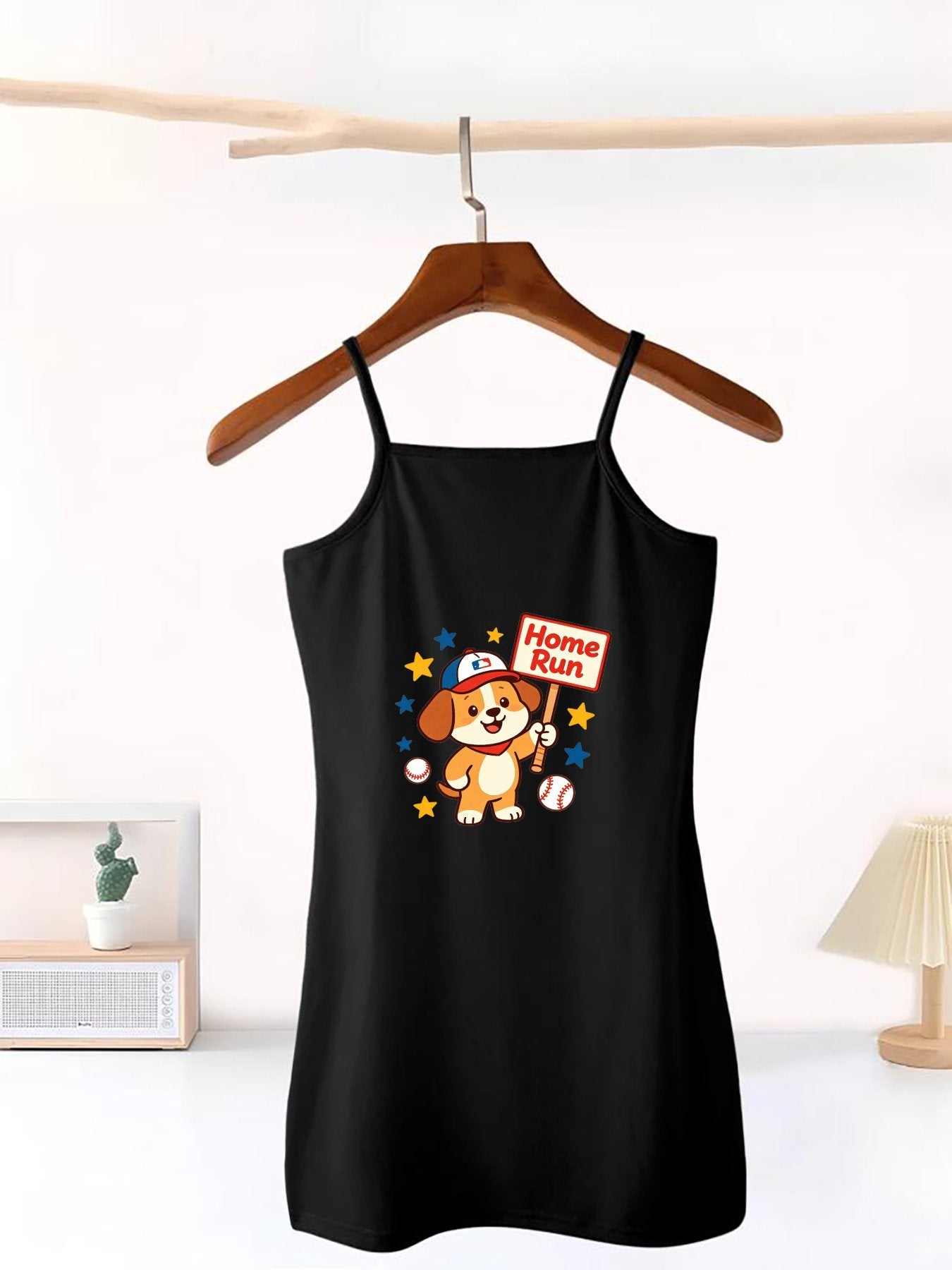 Cute Graphic Spaghetti Strap Dress, Soft Fabric Summer Outfit for Little Girls