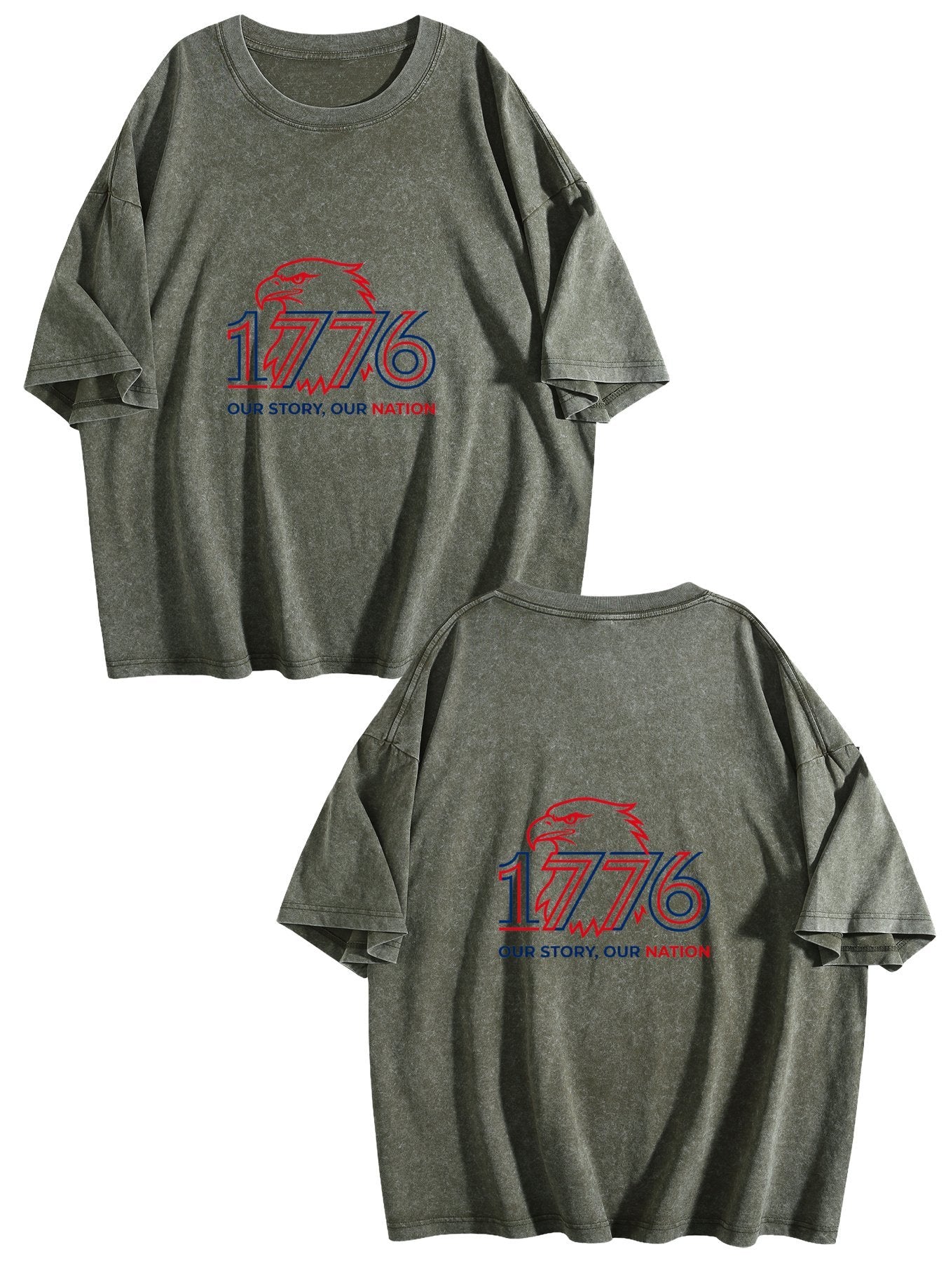 230g Pure Cotton Double-sided Print Adult's USA 250th "1776" Graphic Washed T-Shirt, Casual Cotton Tee for Daily Wear