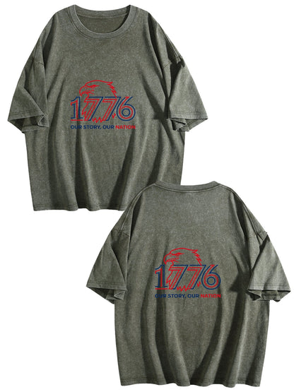 230g Pure Cotton Double-sided Print Adult's USA 250th "1776" Graphic Washed T-Shirt, Casual Cotton Tee for Daily Wear