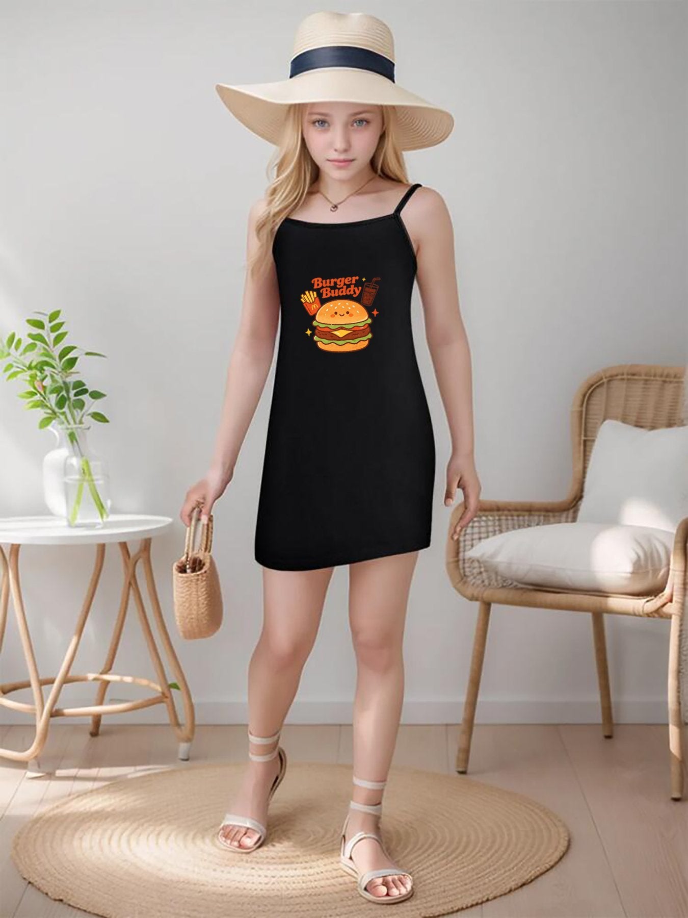 Cute Graphic Spaghetti Strap Dress, Soft Fabric Summer Outfit for Little Girls