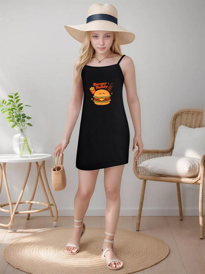 Cute Graphic Spaghetti Strap Dress, Soft Fabric Summer Outfit for Little Girls