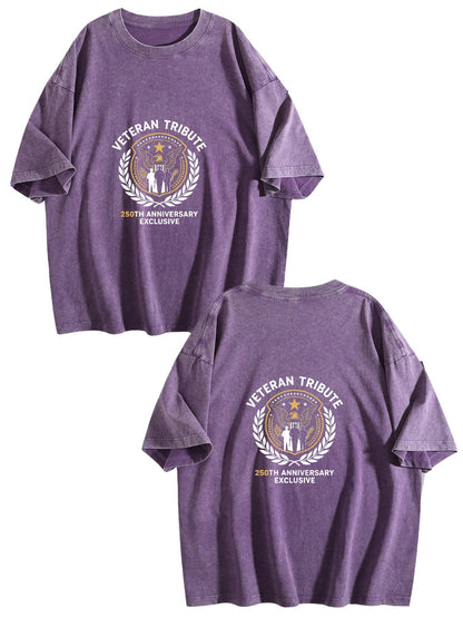 230g Pure Cotton Double-sided Print Adult's Patritic "Veteran Tribute" Graphic Washed T-Shirt, Casual Cotton Tee for Daily Wear