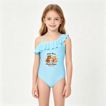 "Family Bear" Printed Ruffled One Piece Swimsuit, Cute Summer Bathing Suit for Girls Beach Pool Party