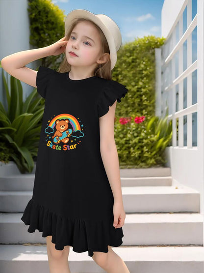 "Skate Star" Graphic Flutter Sleeve Dress, Soft Cotton Outfit for Girls Daily & Party