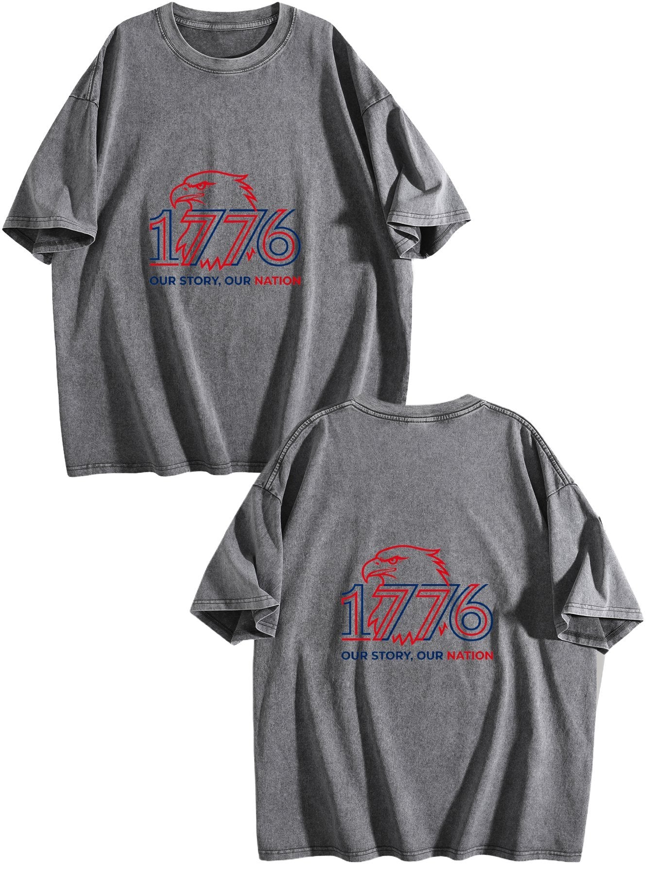 230g Pure Cotton Double-sided Print Adult's USA 250th "1776" Graphic Washed T-Shirt, Casual Cotton Tee for Daily Wear