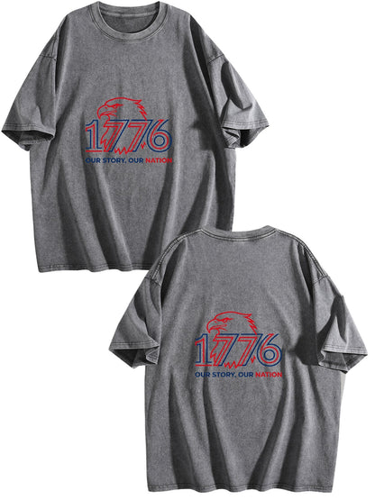 230g Pure Cotton Double-sided Print Adult's USA 250th "1776" Graphic Washed T-Shirt, Casual Cotton Tee for Daily Wear