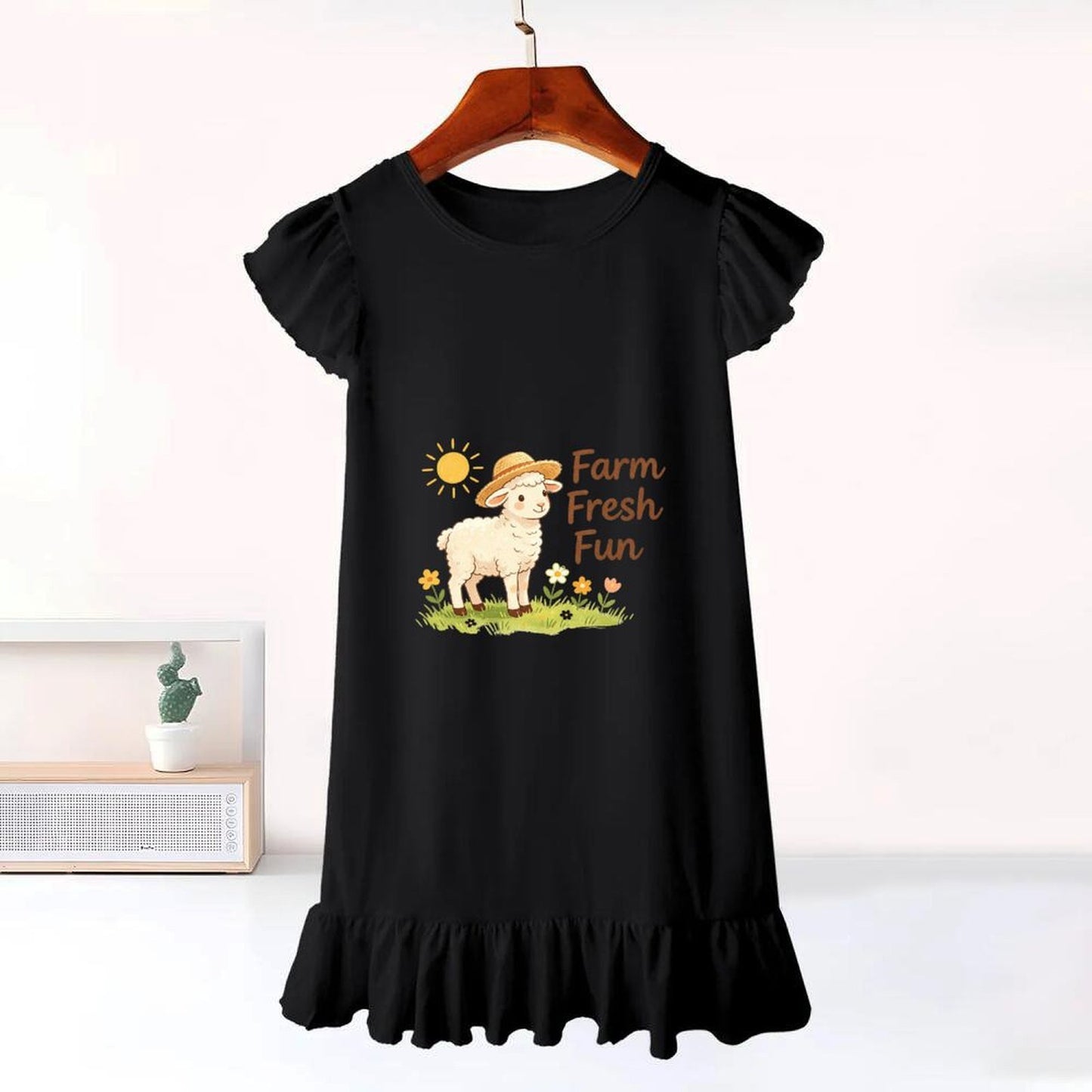 Cute "Farm Fresh Fun" Graphic Flutter Sleeve Dress, Soft Cotton Outfit for Girls Daily & Party
