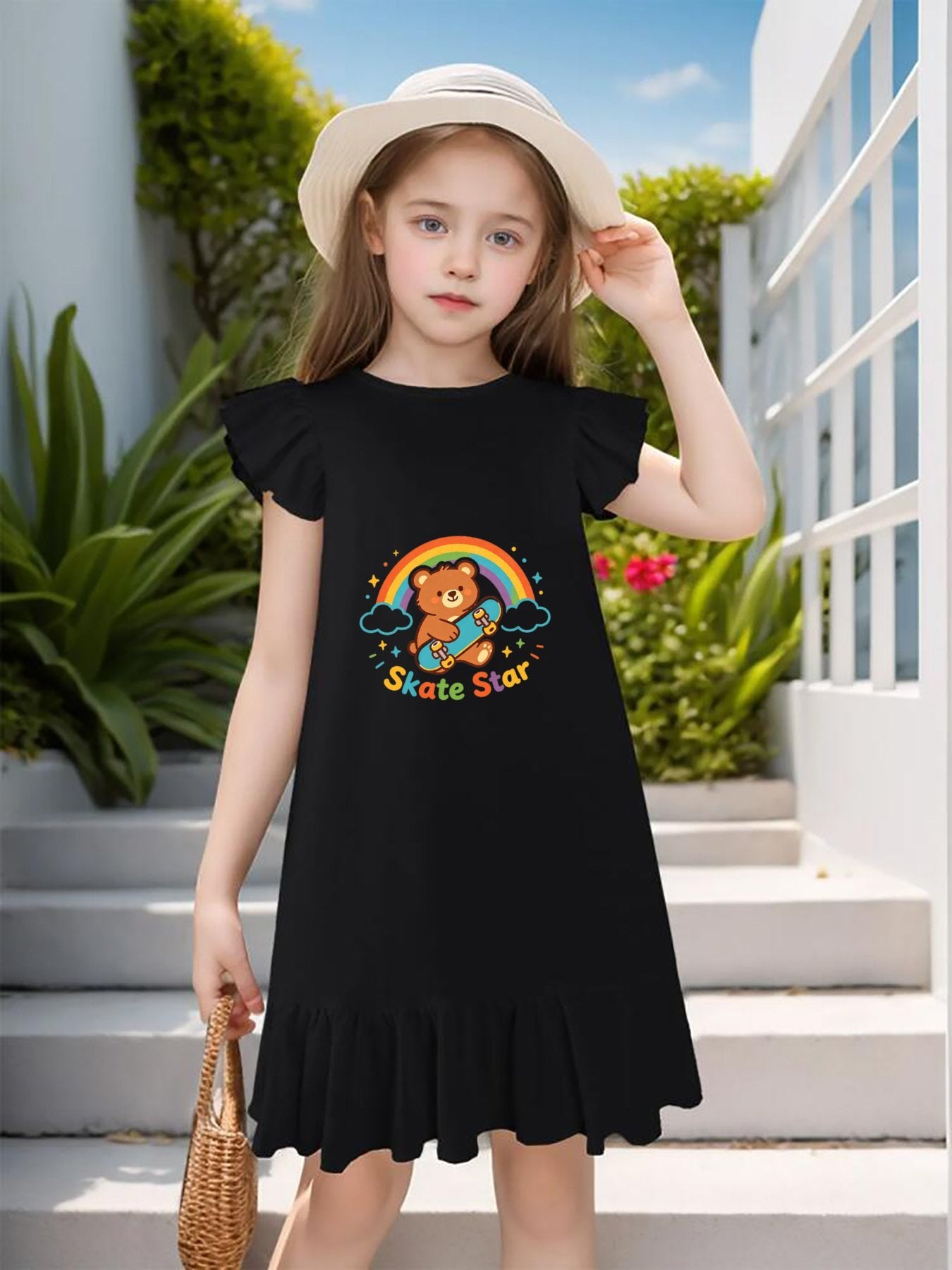 "Skate Star" Graphic Flutter Sleeve Dress, Soft Cotton Outfit for Girls Daily & Party