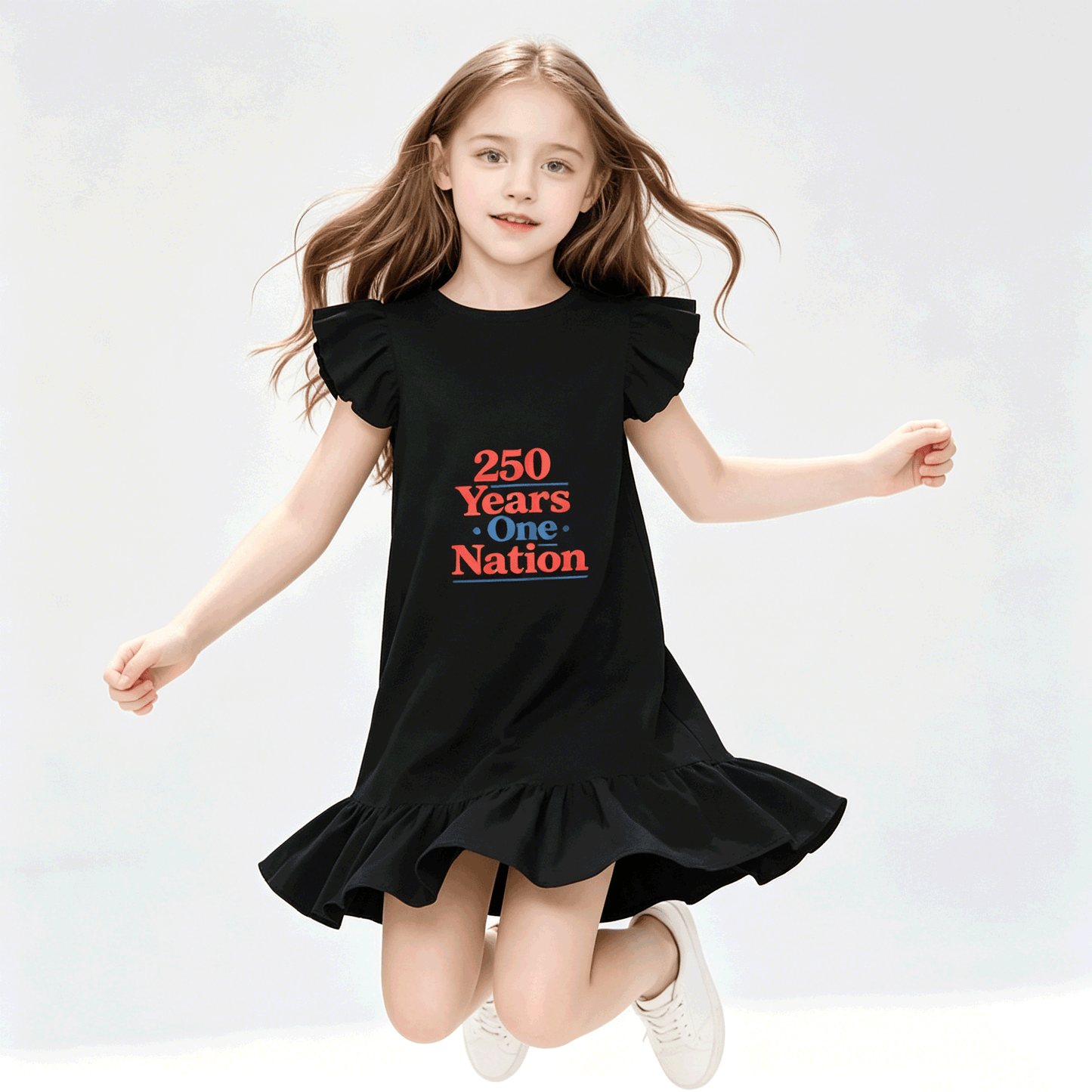 America 250th. Graphic Flutter Sleeve Dress, Soft Cotton Outfit for Girls Daily & Party