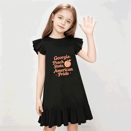 USA 250th. State Pride Graphic Flutter Sleeve Dress, Soft Cotton Outfit for Girls Daily & Party