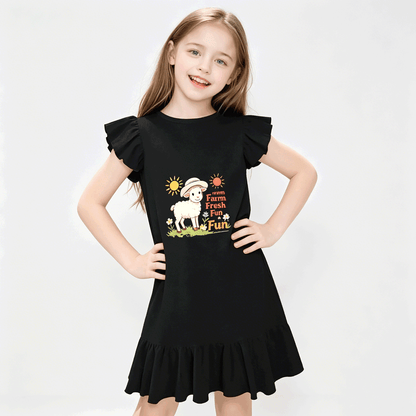 Cute "Farm Fresh Fun" Graphic Flutter Sleeve Dress, Soft Cotton Outfit for Girls Daily & Party