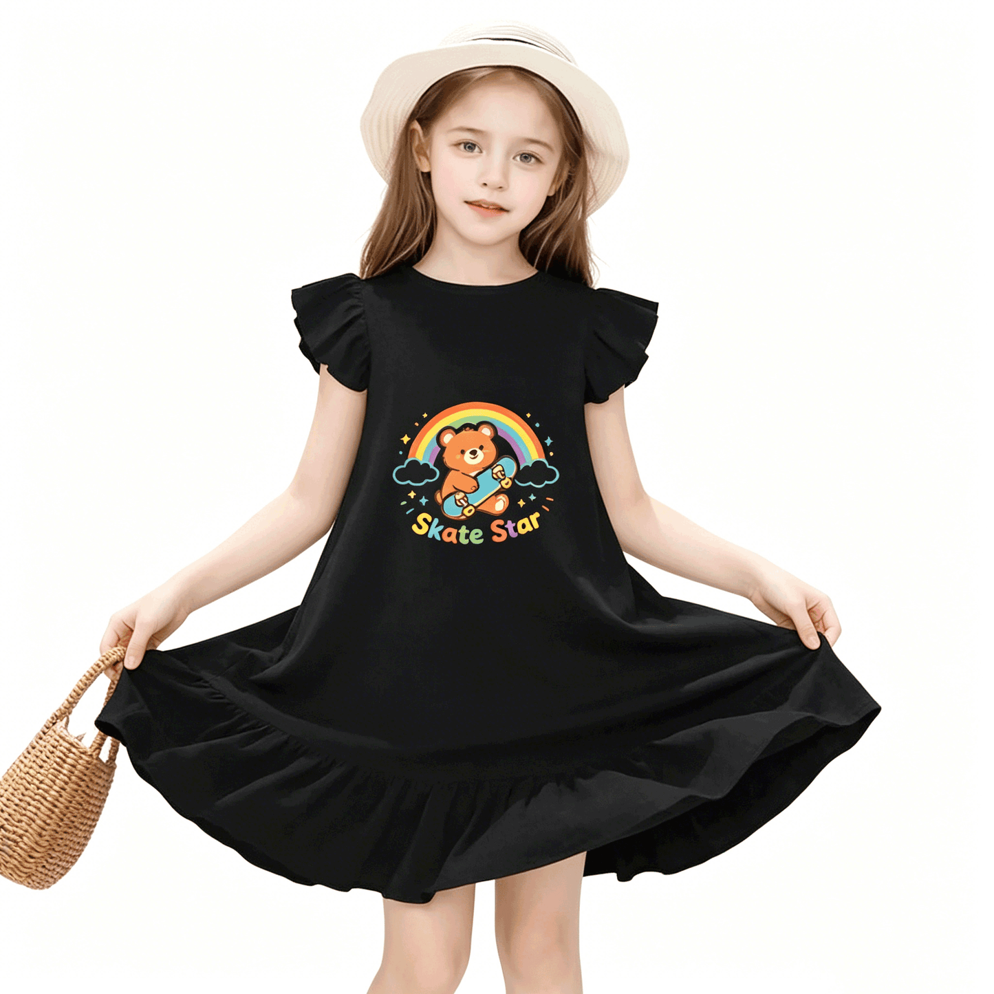 "Skate Star" Graphic Flutter Sleeve Dress, Soft Cotton Outfit for Girls Daily & Party